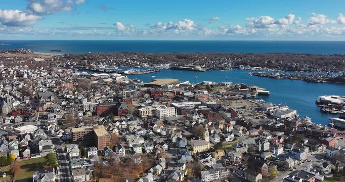 Gloucester, MA, USA - November 29, 2024:  Autumn aerial, drone, video of the City of Gloucester, Massachusetts, MA, USA.