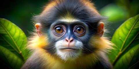 Fototapeta premium Close-Up of a Leaf Monkey's Face Captured in Low Light, Showcasing Its Intricate Features and Expressions in a Natural Jungle Setting with Soft Shadows and Ambient Light
