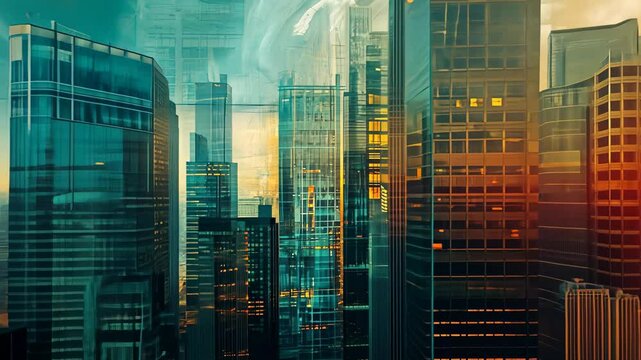 This videograph captures a painting of a cityscape featuring prominent buildings in the background, Abstract, dreamlike interpretation of futuristic city life