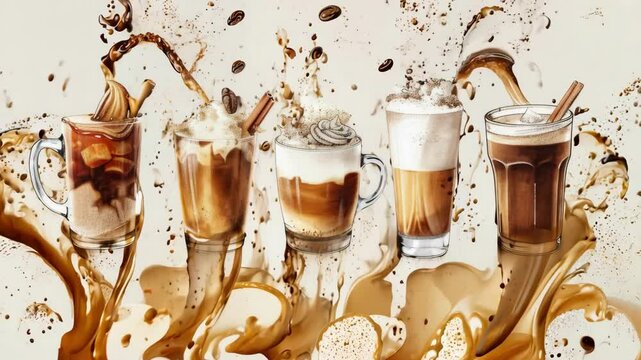 A row of five coffee drinks with coffee splashes, cinnamon sticks, and scattered coffee beans, illustrated in a realistic style. ai