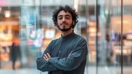 Entrepreneur stands with arms crossed, holographic sales data floating in front of a futuristic digital storefront background.