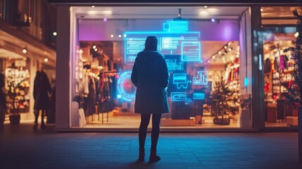 Innovative entrepreneur viewing holographic sales analytics, a glowing digital storefront behind them showcasing e-commerce success.
