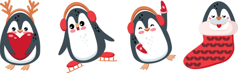 Cute Penguins in winter activities set. Holiday concept for Christmas, Valentine day