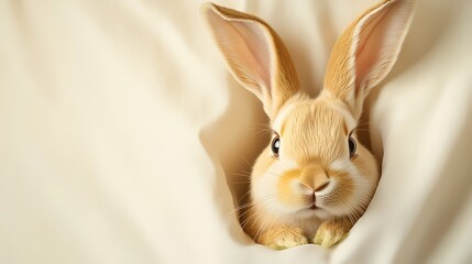 Obraz premium Cute Easter bunny peeking out of a small hole in a soft cream background with its ears and eyes visible