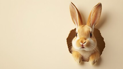 Obraz premium Cute Easter bunny peeking out of a small hole in a soft cream background with its ears and eyes visible
