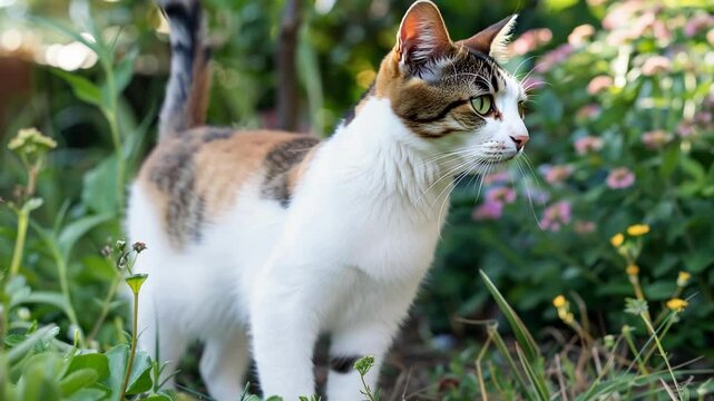 Playful japanese bobtail cat exploring a lush garden with colorful flowers AI