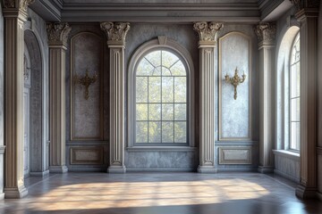 Elegant Sunlit Grand Hall Interior with Classic Architectural Details.