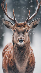 A majestic deer with snow-covered antlers and fur in a serene winter forest, ideal for phone...