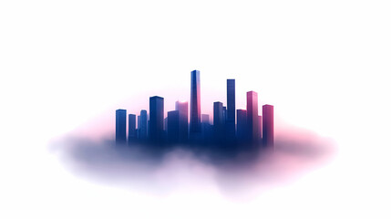 Fototapeta premium A modern city skyline emerging from a colorful fog, capturing urban beauty and mystique.