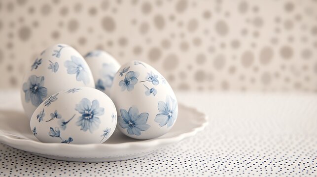 Easter menu design featuring white and blue floral eggs on a dotted background soft and rustic vibe