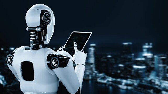 Futuristic robot artificial intelligence huminoid AI programming coding technology development and machine learning concept. Robotic bionic science research for future of human life. 3D rendering.