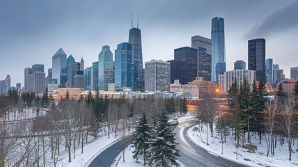 Obraz premium Bustling Urban Winter Landscape with Tall Skyscrapers and Reflective Glass Exteriors, Snow-Covered Trees at the Base, Winding Road with Vehicles, Shimmering City Lights Against Overcast Sky, Serene 