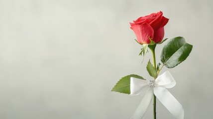 Obraz premium Promise ring rose concept. Single red rose with a white ribbon on a soft background.