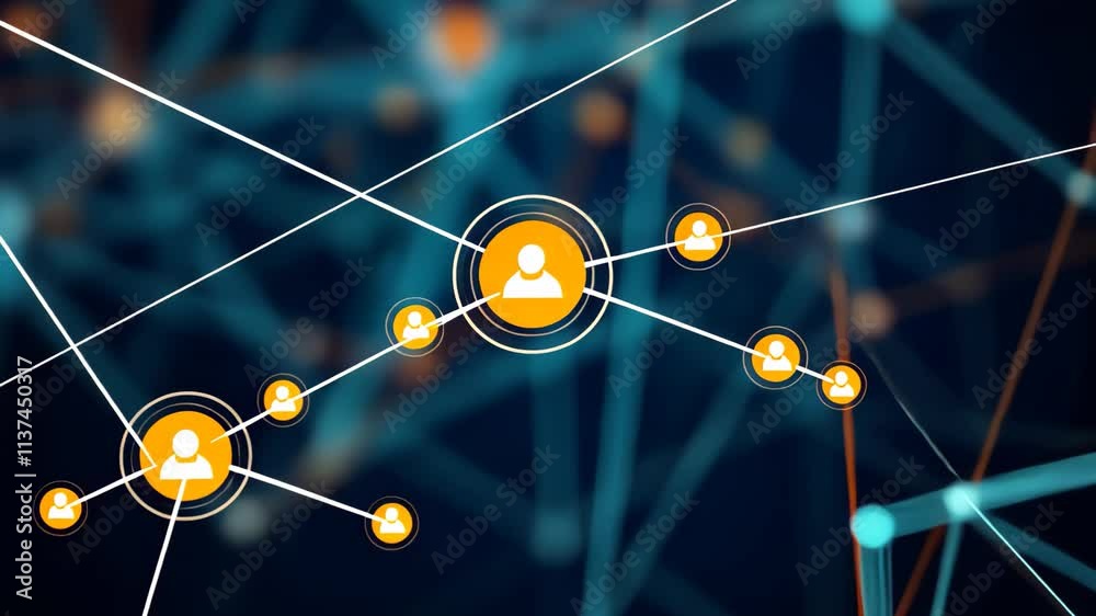 Poster a video featuring a vibrant blue and orange background with numerous interconnected lines, abstract 