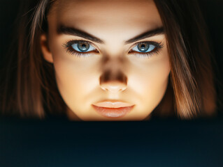 Close-up of a woman with piercing blue eyes staring intently at the camera, with dramatic lighting highlighting her face against a dark background.