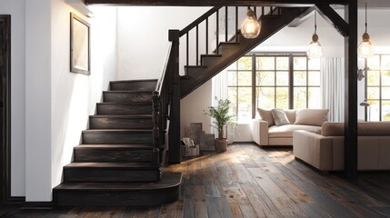 Obraz premium Cozy living space with a rustic staircase, dark wood steps, and soft lighting.
