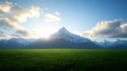 Breathtaking mountain scenery with lush green fields under a clear blue sky.