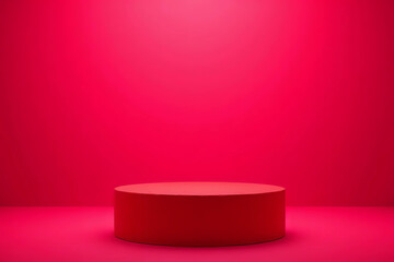Cylinder podium covered with red cloth on viva magenta background. Premium empty fabric pedestal