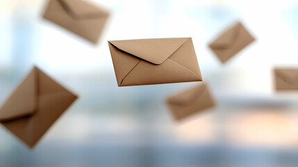 Floating envelopes symbolizing communication and mail delivery in a dynamic setting.