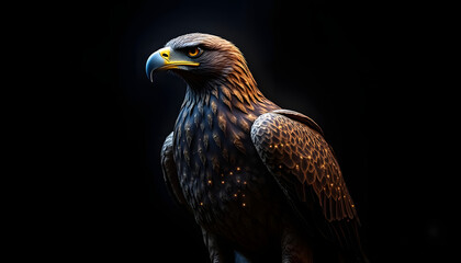 Majestic eagle with gold sparkles on its feathers, close up portrait with black background