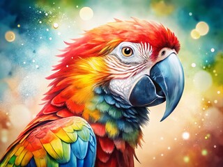 Obraz premium Colorful Watercolor Illustration of a Cute Parrot with Bokeh Effect on a White Background, Ideal for Nature and Animal Enthusiasts, Perfect for Home Decor or Educational Materials