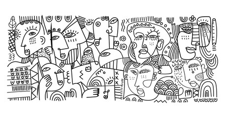 Fototapeta premium abstract hand drawing face portrait geometric decorative doodle outlines vector illustration. Line art black and white aesthetic design for wall art, prints, cards, decoration, banner and background.