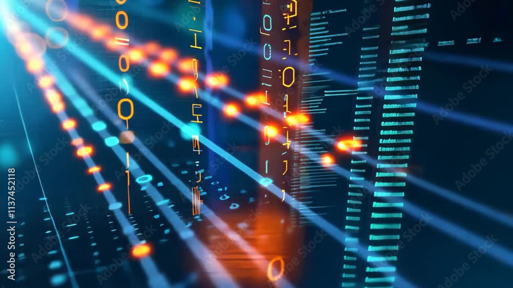 Poster This video captures a vibrant abstract background featuring blue and orange hues with an array of dots, Abstract representation of encryption technology