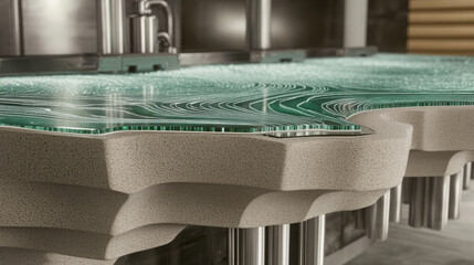 close up view of futuristic handmade table with unique design, featuring layered glass and textured base. intricate patterns create modern aesthetic