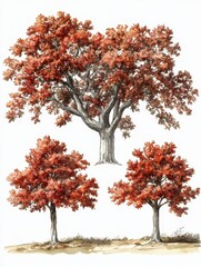 Naklejka premium Scarlet Oak Tree in Watercolor Illustration, potential usecase for botanical, gardening, and nature designs Generative AI