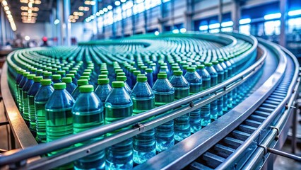 Obraz premium Conveyor Belt Water Bottles Factory Production Closeup - Industrial Bottling Plant Image