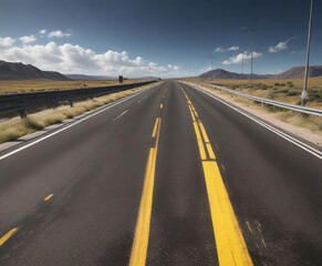 Fototapeta premium Highway with two bright yellow lines stretching into the distance, countryside, destination
