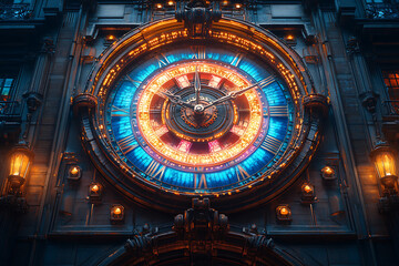 Obraz premium A vibrant clock face with illuminated numbers and ornate design, showcasing timekeeping artistry.