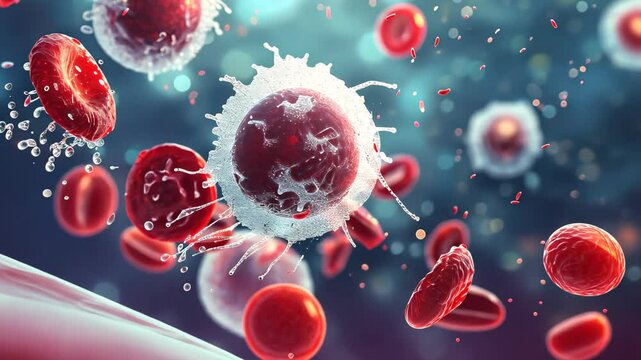 Group of Red and White Blood Cells, Abstract representation of white blood cells fighting off an infection