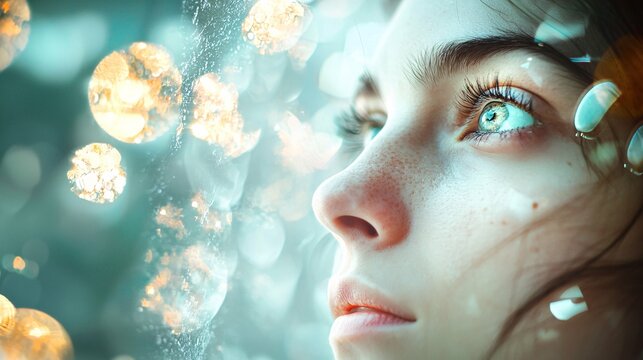 A close-up of a person lost in deep thought, with eyes on abstract thought bubbles, encapsulates mindfulness and self-reflection in a studio environment.