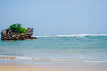 A small island which is a rock that appears on the surface of the sea and is now filled with green