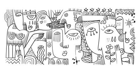 abstract hand drawing face portrait geometric decorative doodle outlines vector illustration. Line art black and white aesthetic design for wall art, prints, cards, decoration, banner and background.
