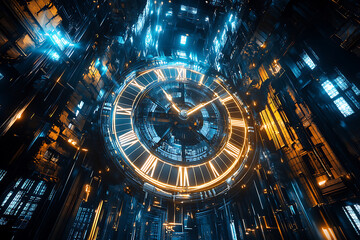 Obraz premium A futuristic clock surrounded by a digital environment, showcasing time and technology.