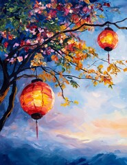 Obraz premium Lanterns on the New Year Tree
