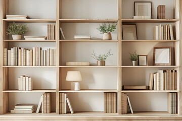 Organized Bookshelf with Books, Decorative Items, and Accent Lighting in a Cozy Reading Nook