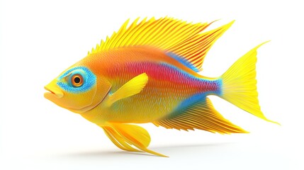 Fototapeta premium A brightly colored fish with yellow, orange, blue and red scales, isolated on a white background.