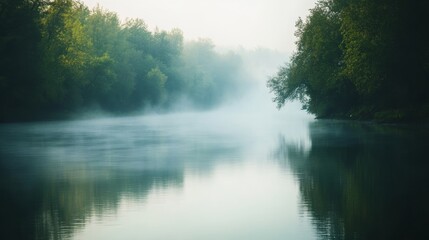 Serene Foggy Morning by a River with Soft Light Reflection Generative AI