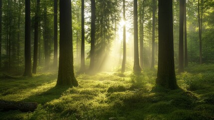 Obraz premium Serene Forest Landscape at Dawn, Perfect for Nature and Travel Themes Generative AI