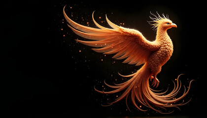 Fiery phoenix soars and flies in majestic pose, full body shot with black background