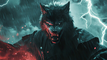 vintage ancient werewolf with his samurai in Japanese theme with flashing lightning bolts