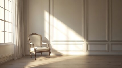 Serene and peaceful room with a single chair bathed in soft sunlight, ideal for relaxation and meditation Generative AI