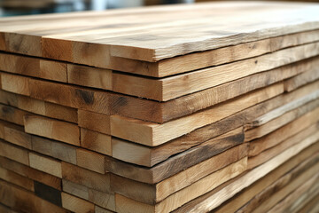 Stack of natural wood planks at carpentry workshop.