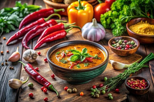 Creative Cuisine Recipe Book Cover Design Featuring a Spicy Soup Illustration with Vibrant Colors and Engaging Layout for Food Enthusiasts and Chefs - Powered by Adobe