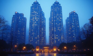 Obraz premium Illuminated Skyscrapers at Dusk in a Misty City