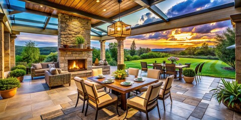 Obraz premium Outdoor Covered Patio with Stone Fireplace, Dining Area, and Built-in Kitchen Surrounded by Green Grass and Skylights - Perfect for Alfresco Living