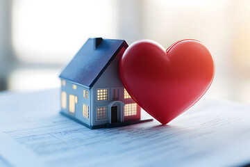 heart icon leaning against house model symbolizes love for home. This evokes warmth and comfort, representing emotional connection to living spaces